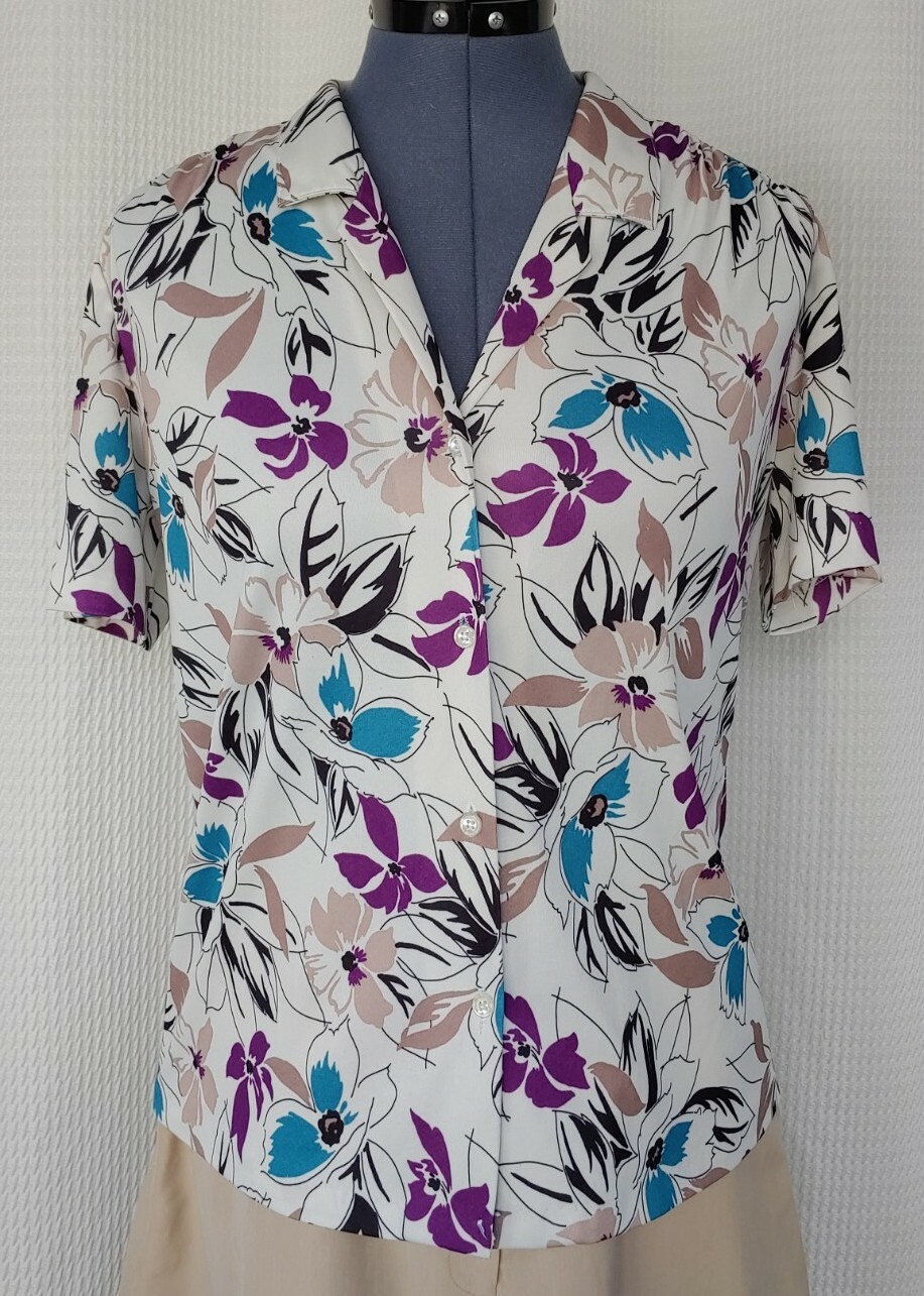 Vintage Cricket Lane Cream Button Down Top with Tan/Purple/Teal Florals Sz 12