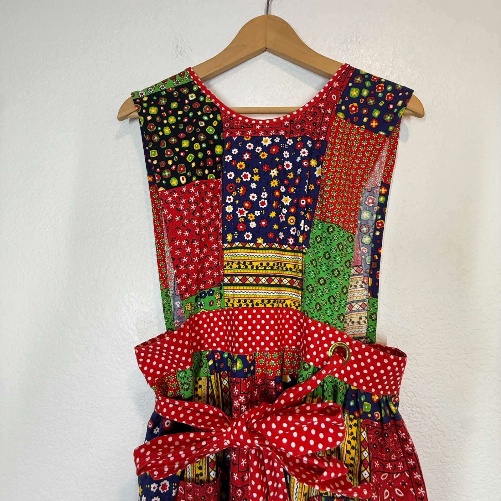 Vintage Design House Pinafore Dress 70s Red Green Patchwork Cottagecore Prairie