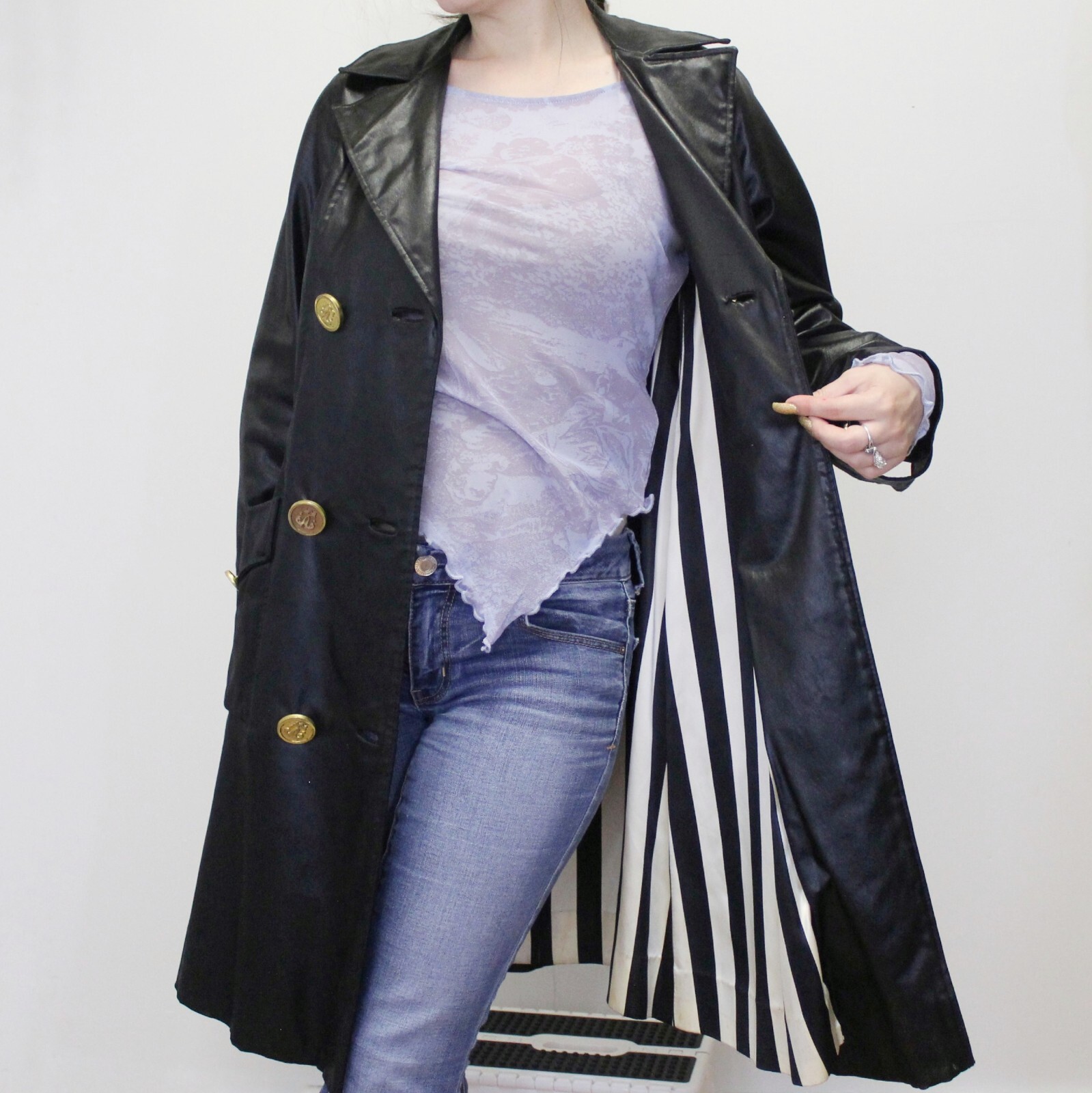 Vintage 60s Gothic Mod Black Satin Trench Coat by Count Romi Double Breasted