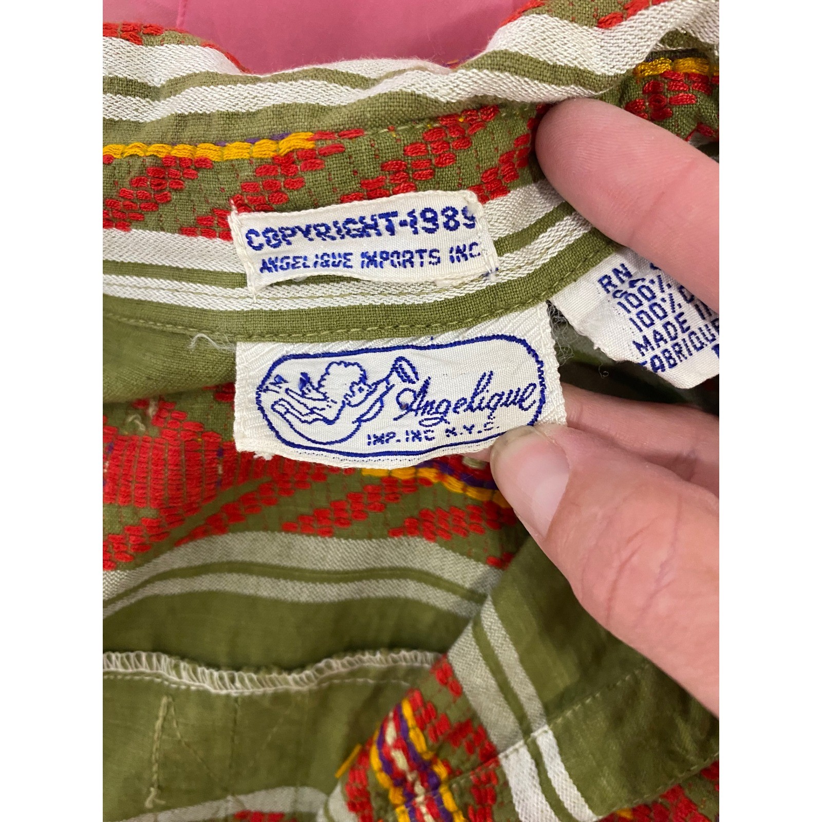 Vintage 1989 Angelique Olive Green Southwestern Woven Cotton Shirt Womens Medium