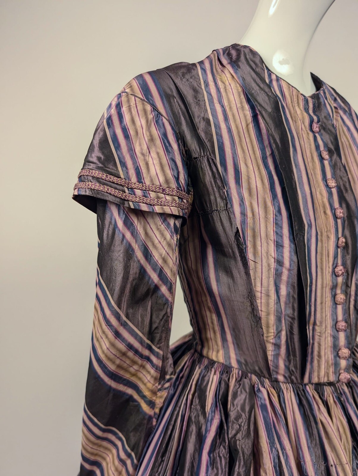 VIBRANT STRIPED HAND SEWN 1840’S SILK TAFFETA DRESS W EPAULETS