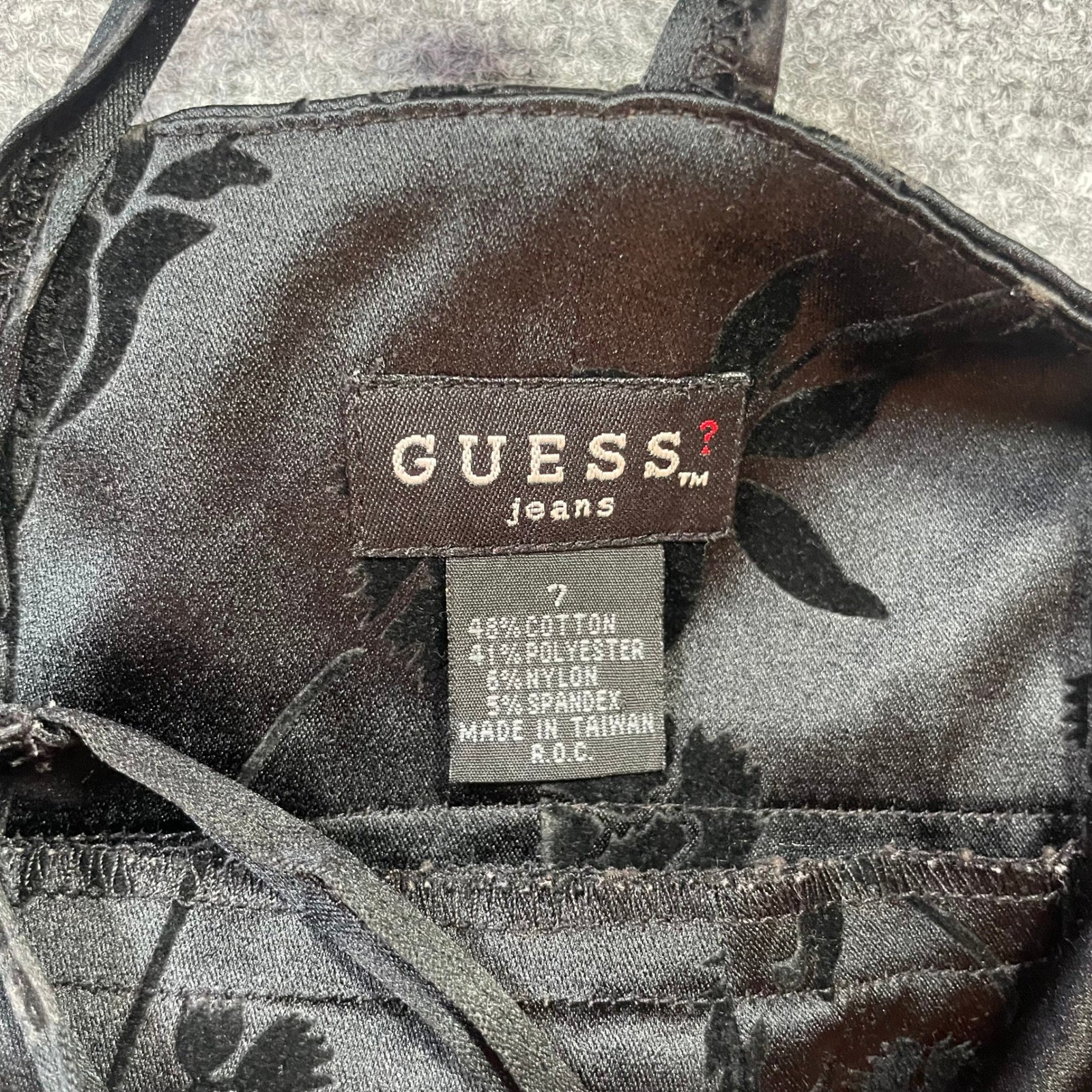 Y2K 90’s Guess Mini Dress Womens 7 Black Velvet Floral Burnout Spaghetti Strap
