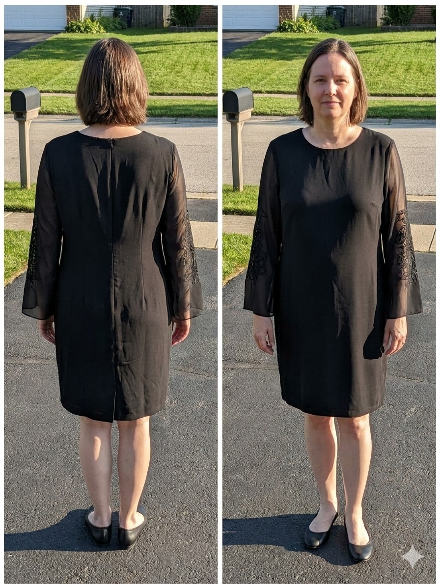 Bedford Fair Lifestyles Sheer Embroidered Bell Sleeve Shift Dress Black 16P USA