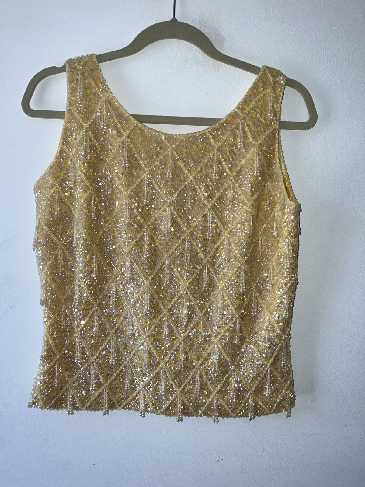 Vintage 1960s Beaded Top Yellow Gold Wool Party Special Occasion Size M