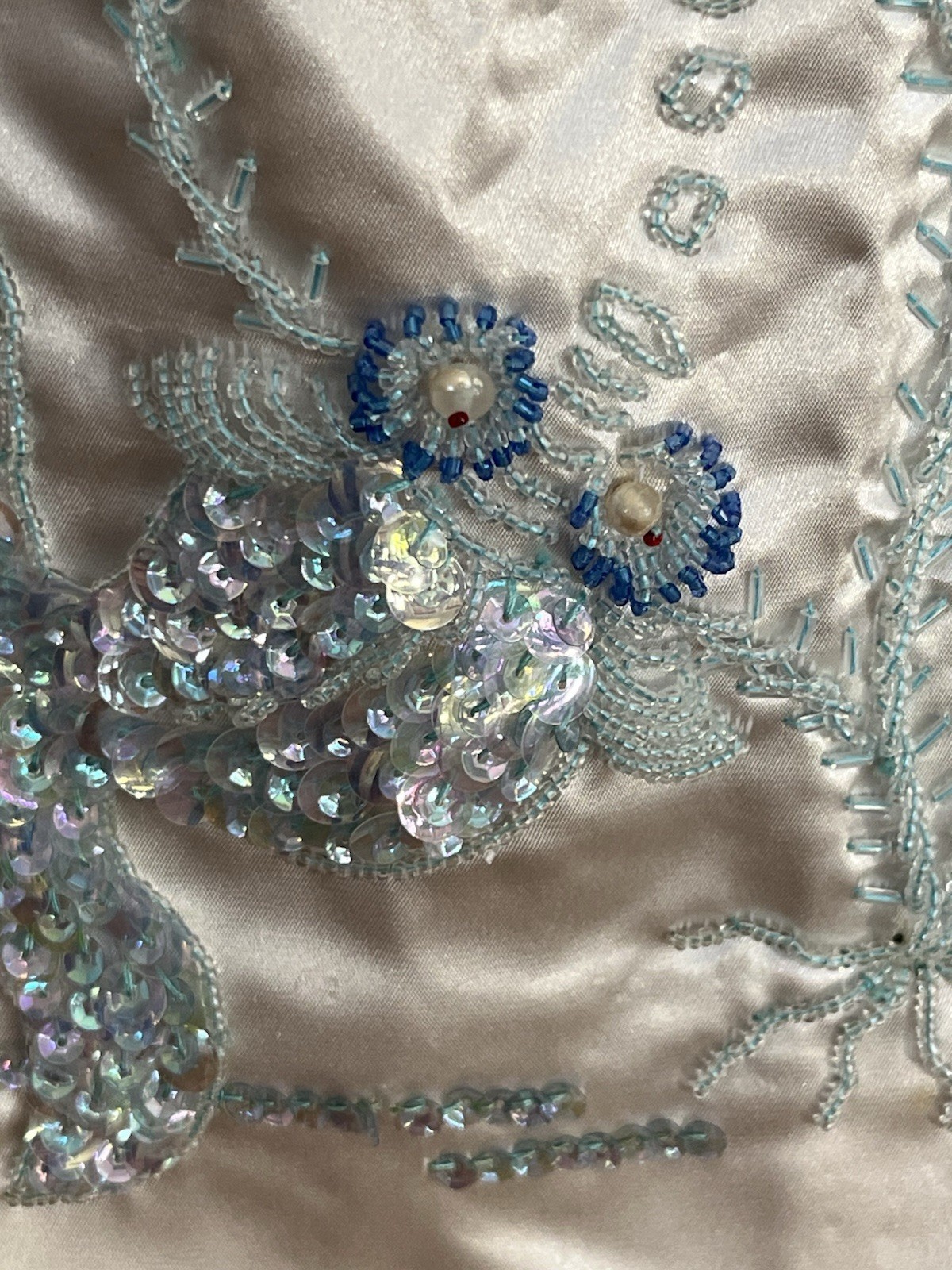 VTG 50/60s Satin Hand Beaded Sequin Light Blue Sheath Dress Sz Small Fish Koi
