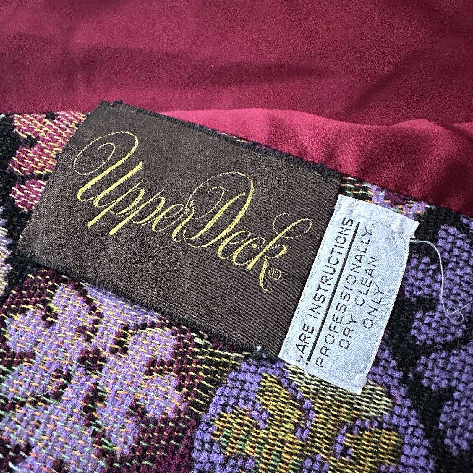 Vintage Tapestry Carpet Bag Long Coat Womens Purple Mosaic Belted 70s Boho Hippy