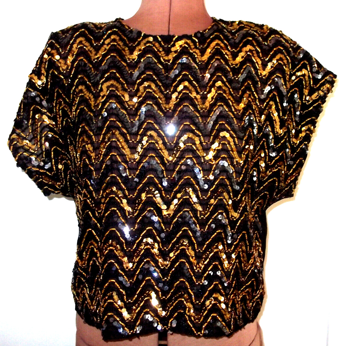 Vtg Black ADAMO Gold SEQUINED Pullover SHORT SLEEVE Evening Cocktail TOP/Size S