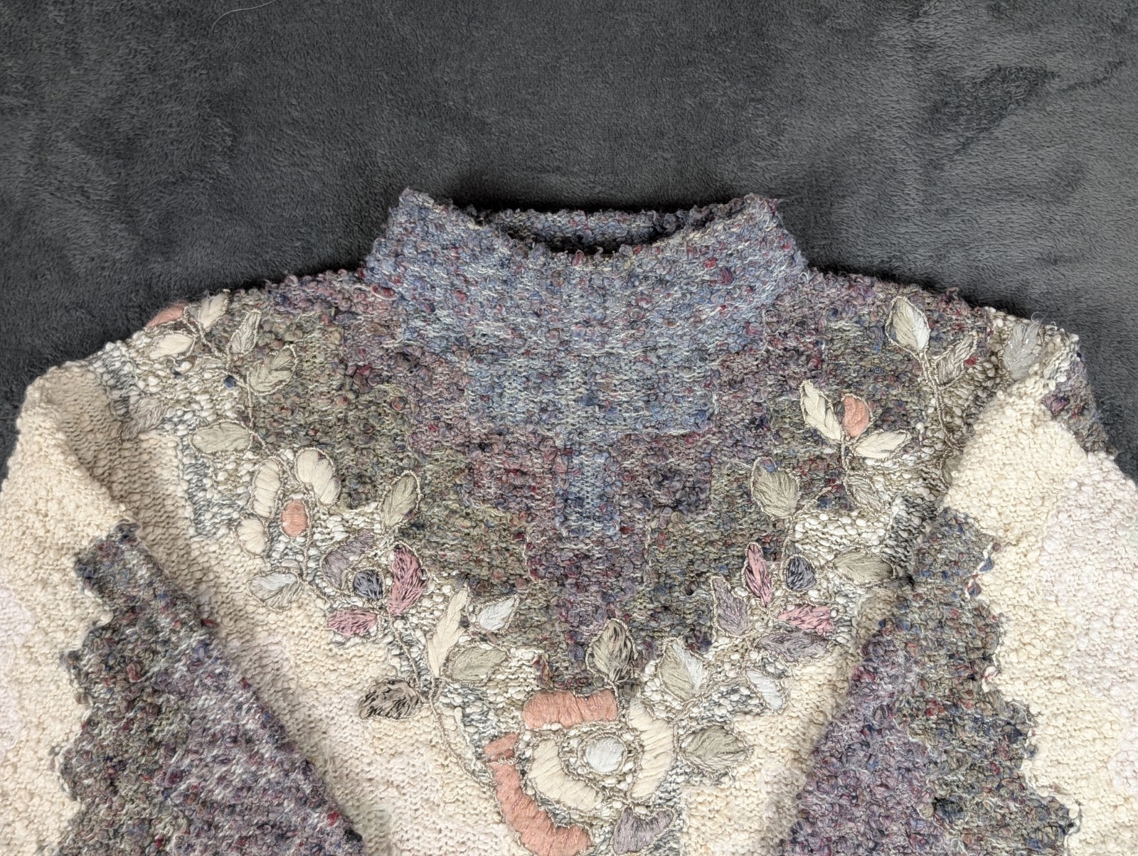 Mariea Kim Vintage Floral Embroidered Chevron Knit Sweater Cream Pink Large Boho