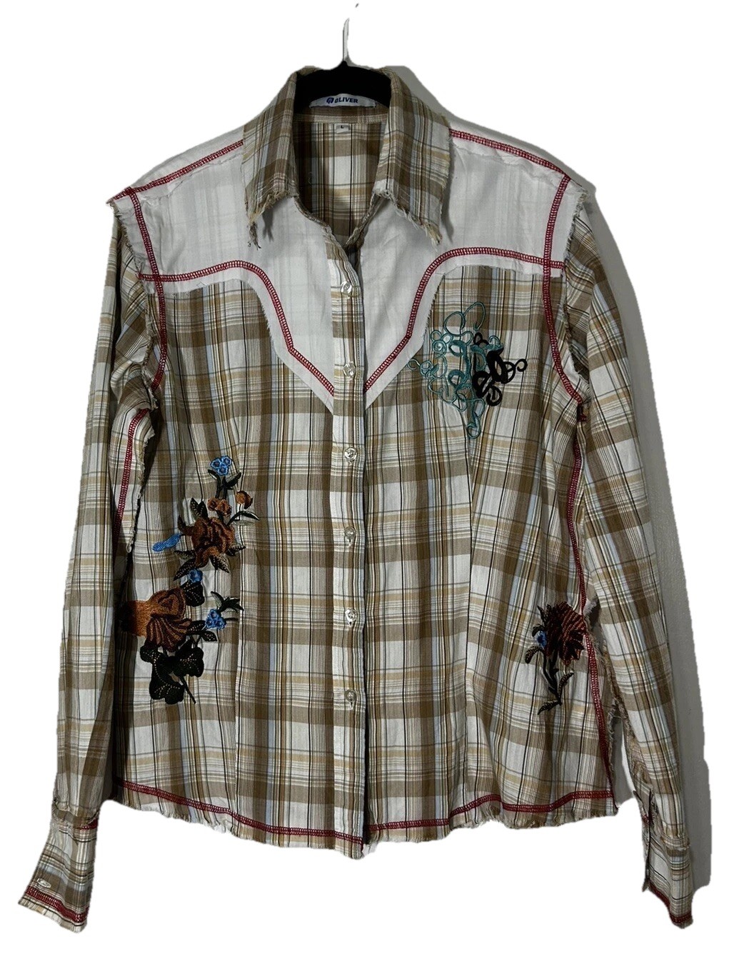 Vintage Oliver Western Southwest Embroidered 100% Cotton Raw Hem Shirt Size L