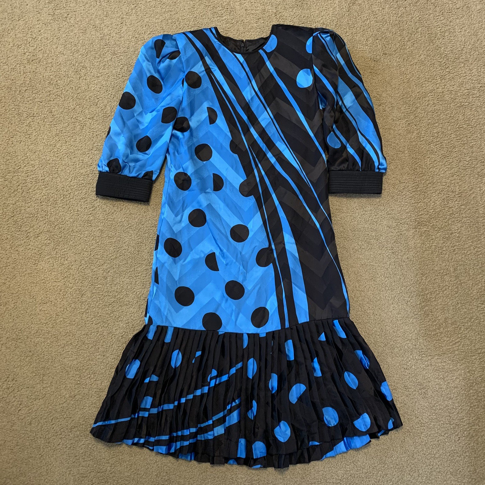 Vintage 80s Maxi Dress Black & Blue Polka Dot Ruffle Size 10 Rockabilly Granny