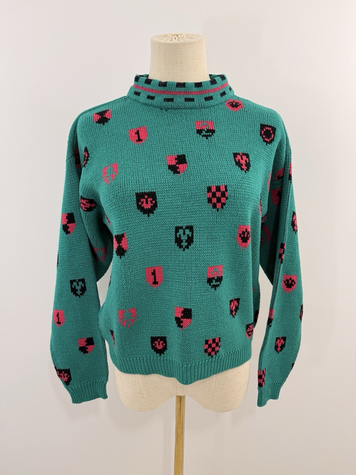 VTG Paris Sport Club Cropped Mock Neck Sweater Teal Green Crests 90s Womens S