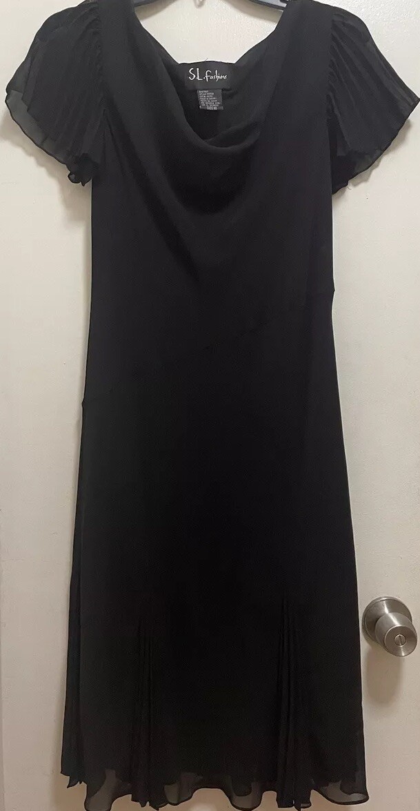 S.L.Fashions Vintage Black Flare Pleated Stretch Midi Dress Women’s Size 10