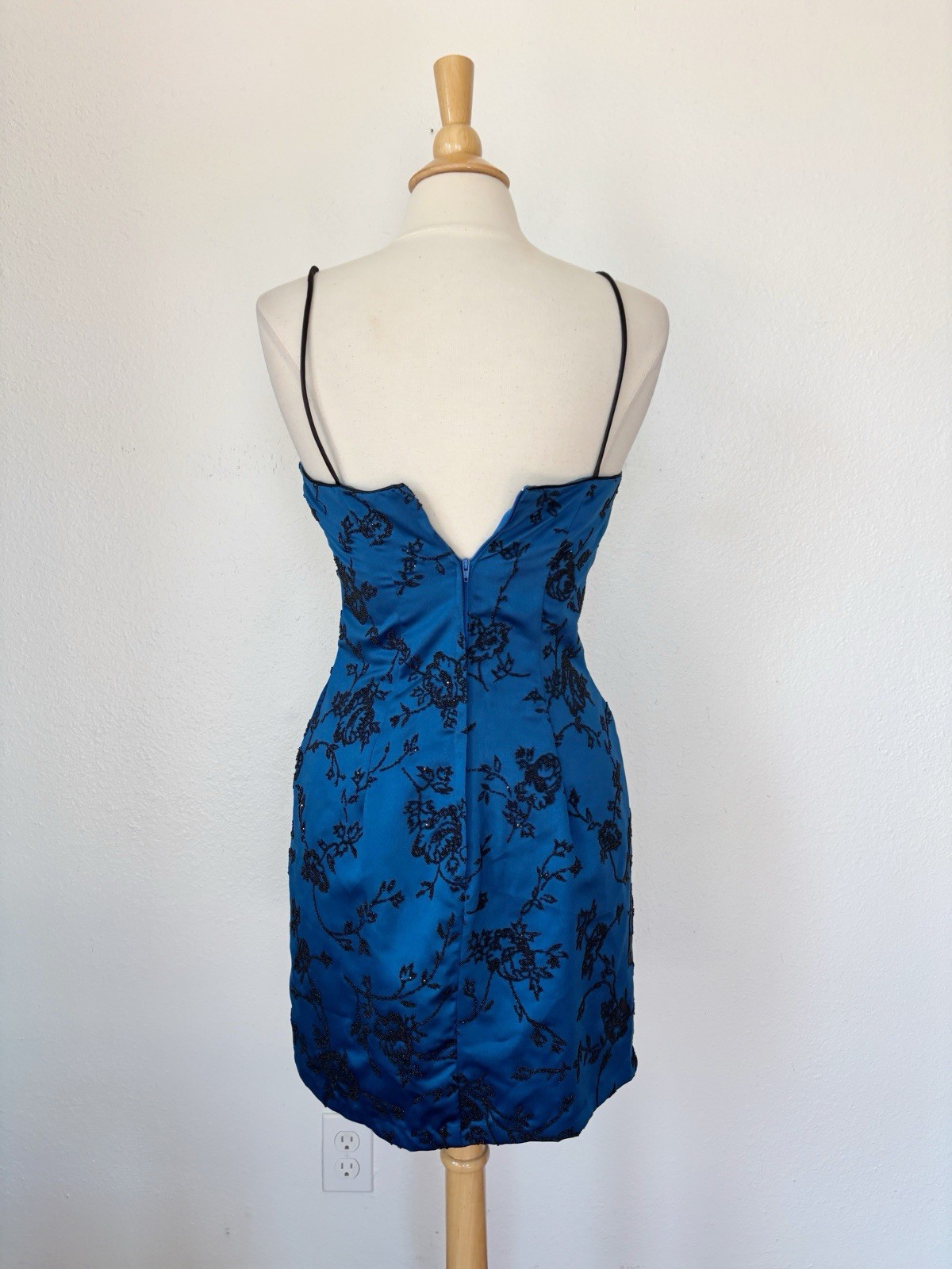 Vintage Sapphire Blue Floral Beaded Spaghetti Strap Cocktail Dress Sz 9/10