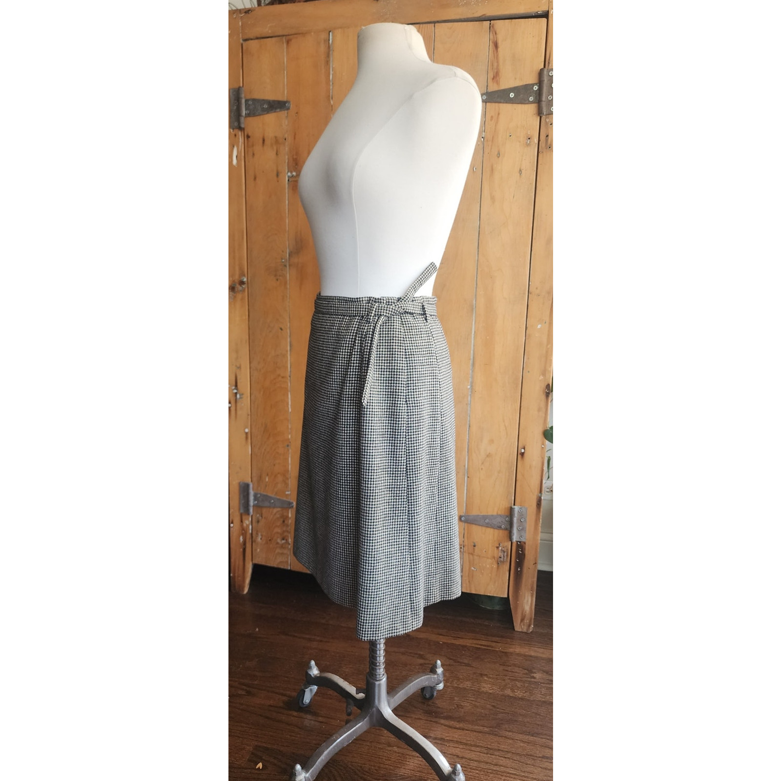 Vintage Dries Van Noten Skirt Gray Houndstooth Wool Knee Length Belt Sash Medium