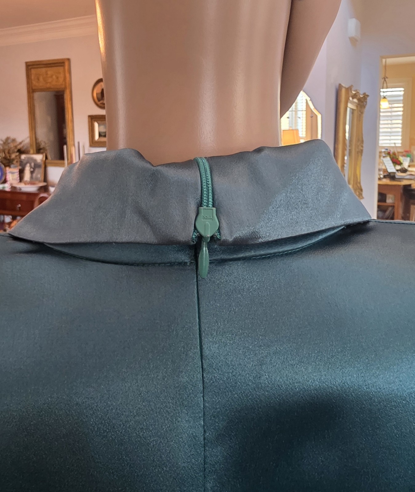 Unique Vintage 1980s Norma Kamali Green Satin Cocktail Midi Dress with Peplum