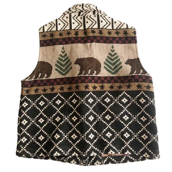 Vtg Painted Pony Tapestry Cotton Adirondack Bear Pine Tree Tribal Vest Womens L