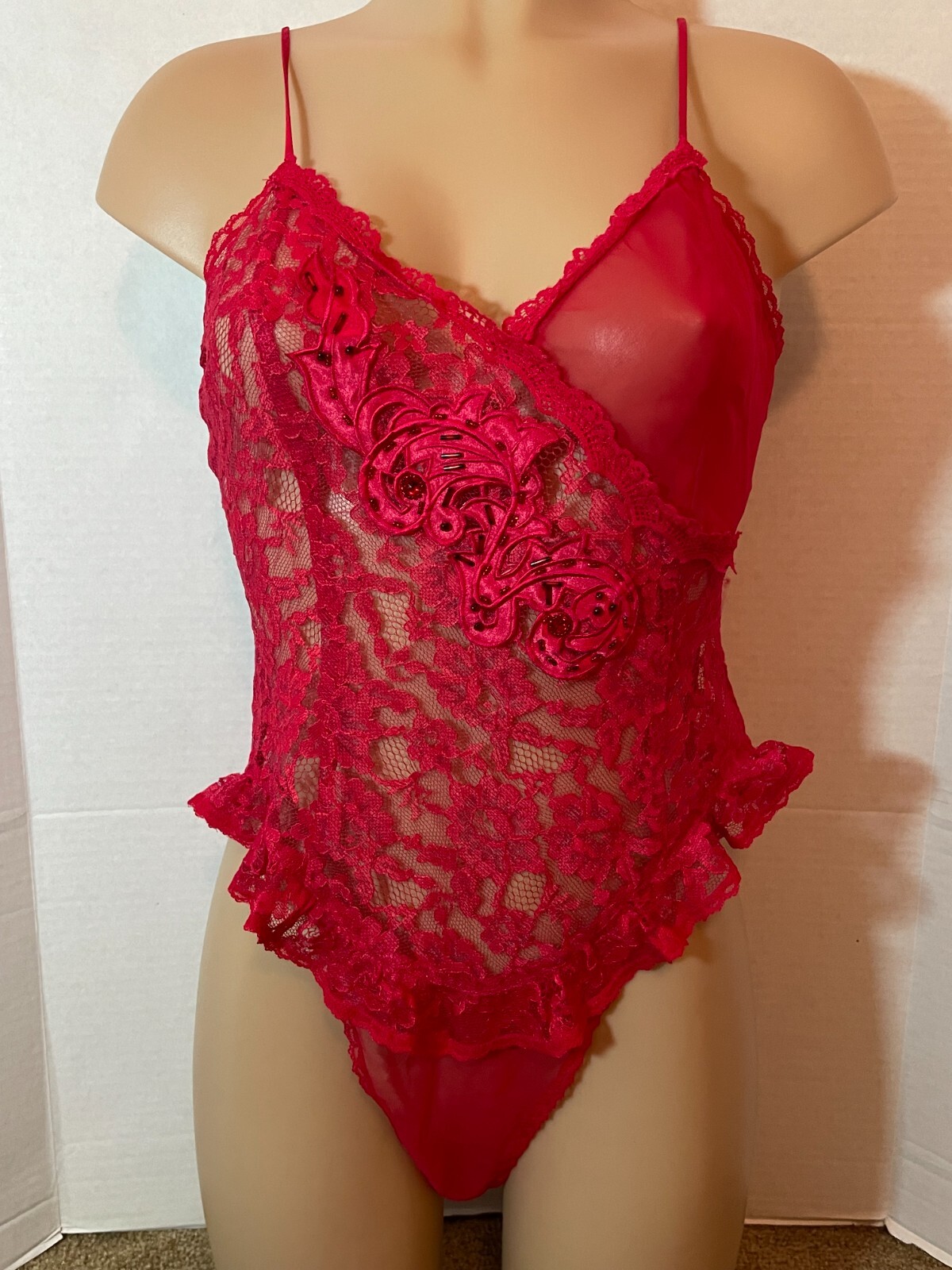 Vtg VICTORIA’S SECRET Lace CHIFFON Bodysuit Teddy GOLD LABEL Floral BEADED SHEER