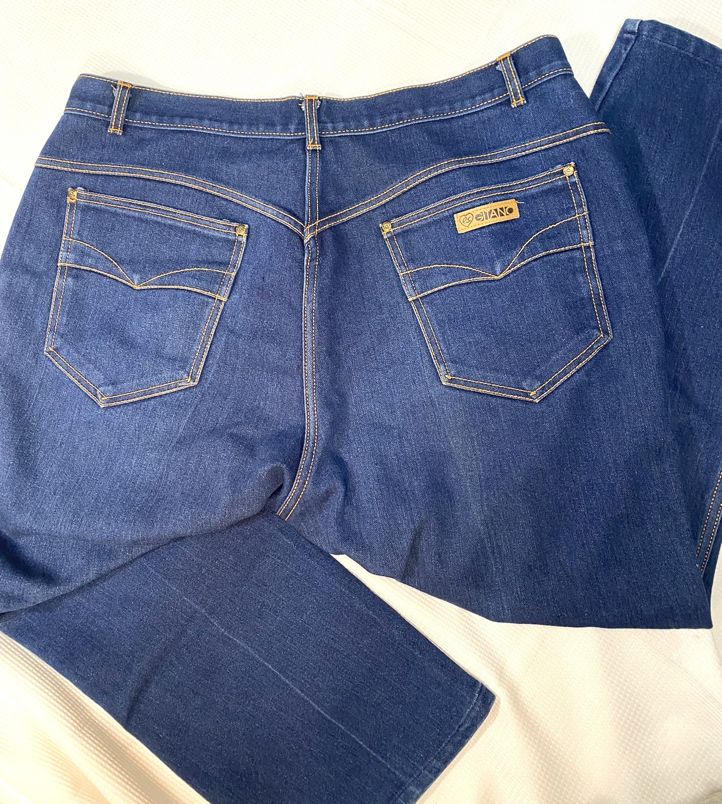 Vintage PS Gitano Jeans Curvy Short Waist 38 Blue Denim Orange Stitching
