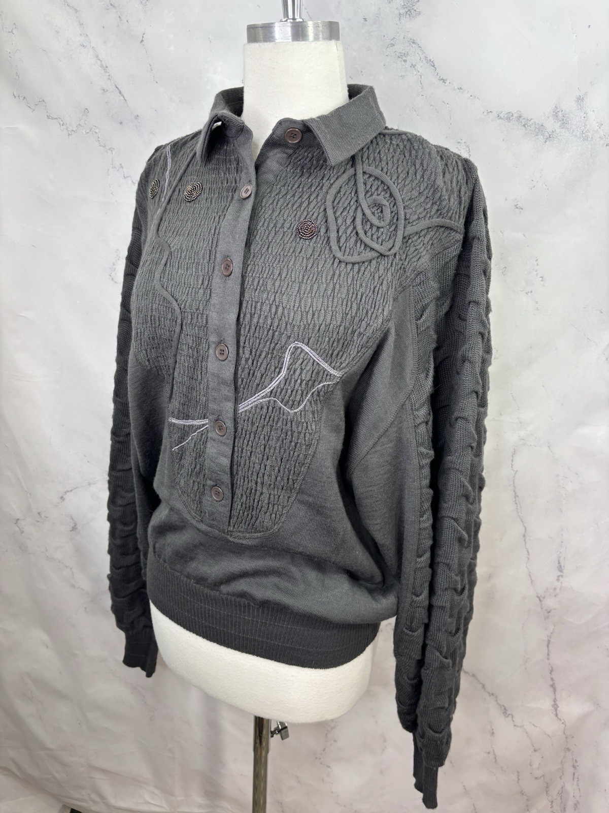 Vintage 80s MARC D’ALCY Paris Henley Sweater Gray Dolman Sleeves Wool Retro sz S