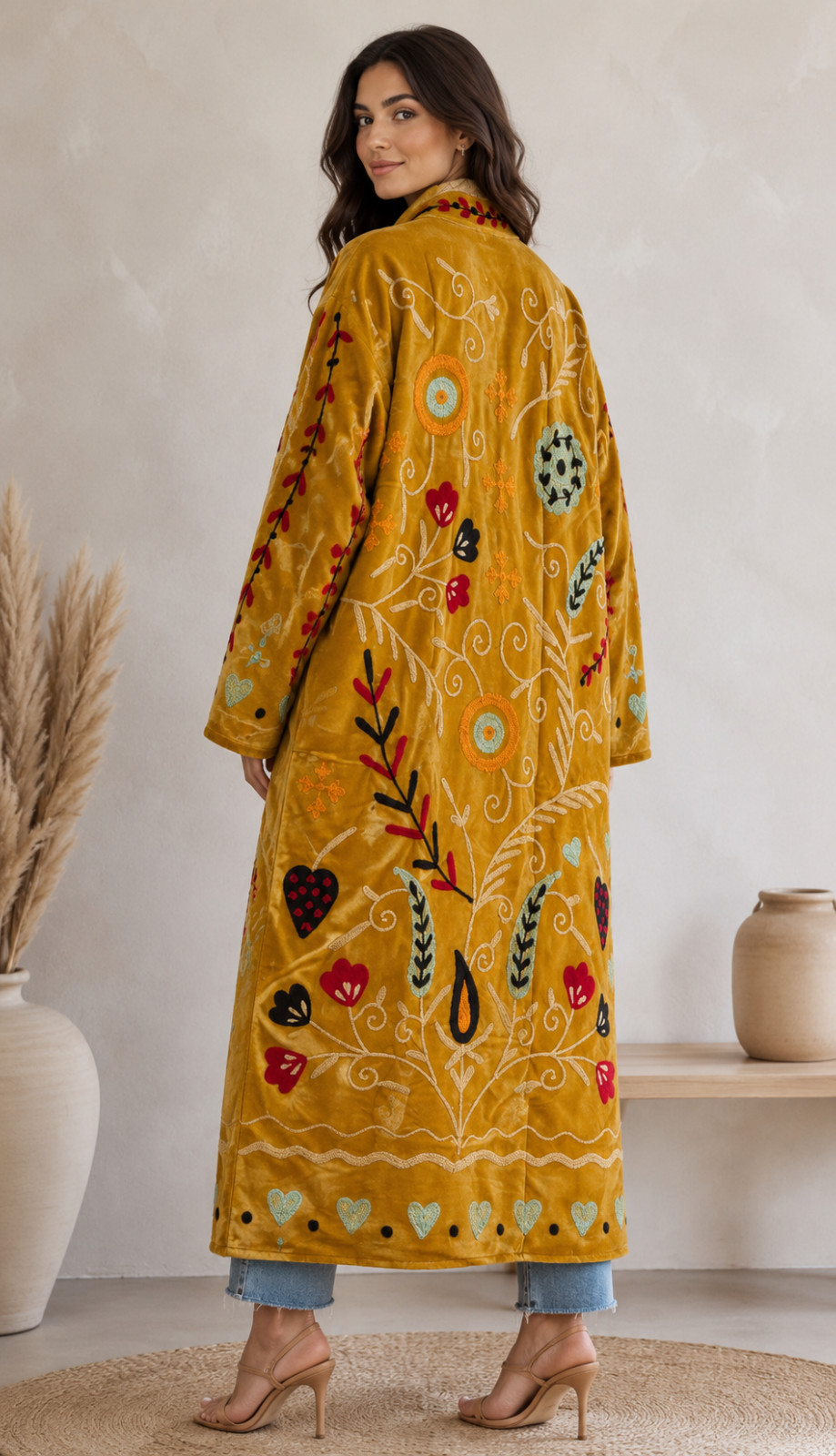 Mustard Velvet Suzani Coat Embroidered Floral Boho Long Gown & Boho Jackets US