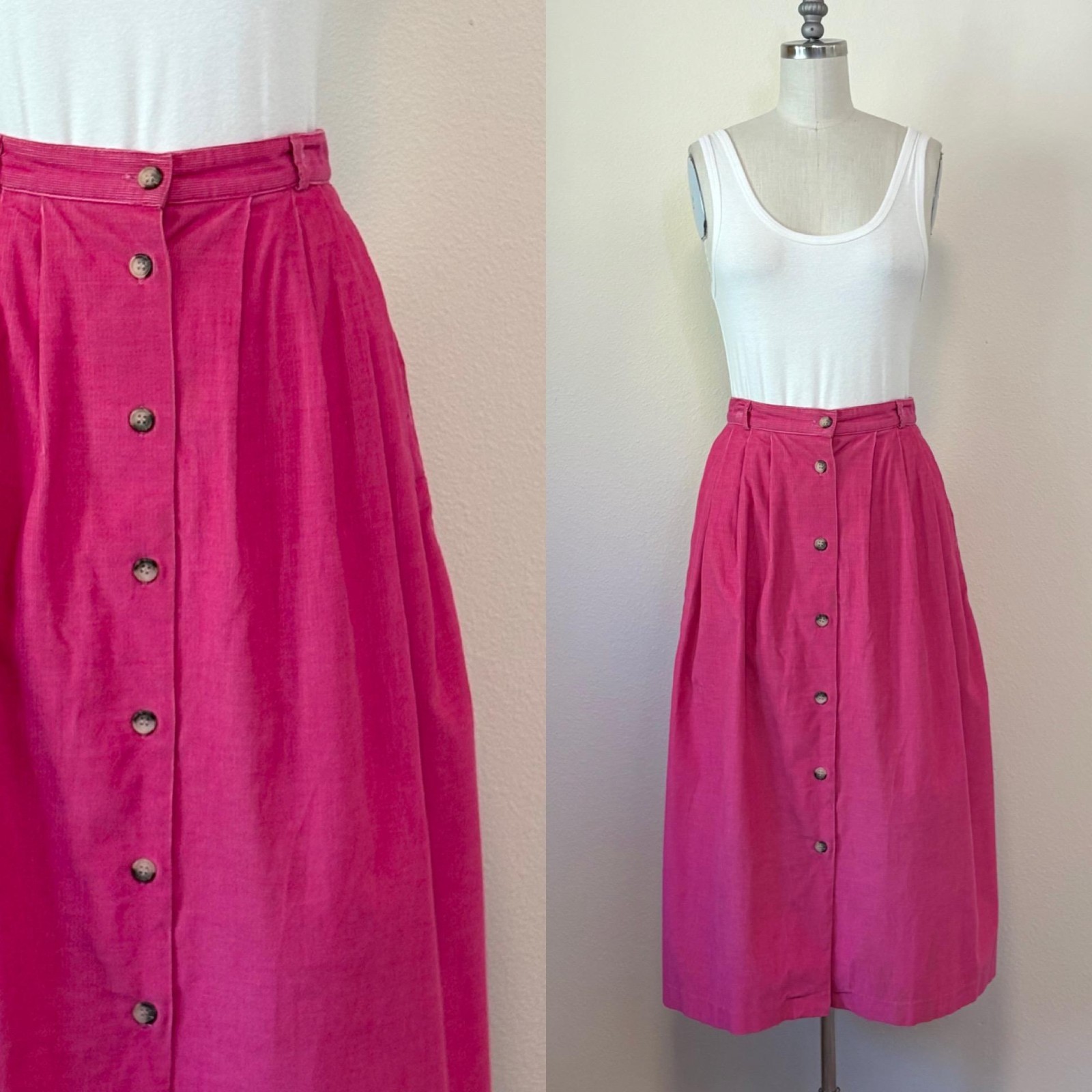 Vintage 80s Pink Corduroy Skirt, Gloria Vanderbilt Pleated Button Front Midi
