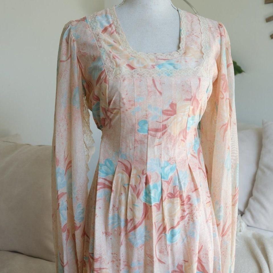 Vtg 1970s S Sheer Sleeve Orange Floral Print Coral Prairie Tie Long Sleeve Dress