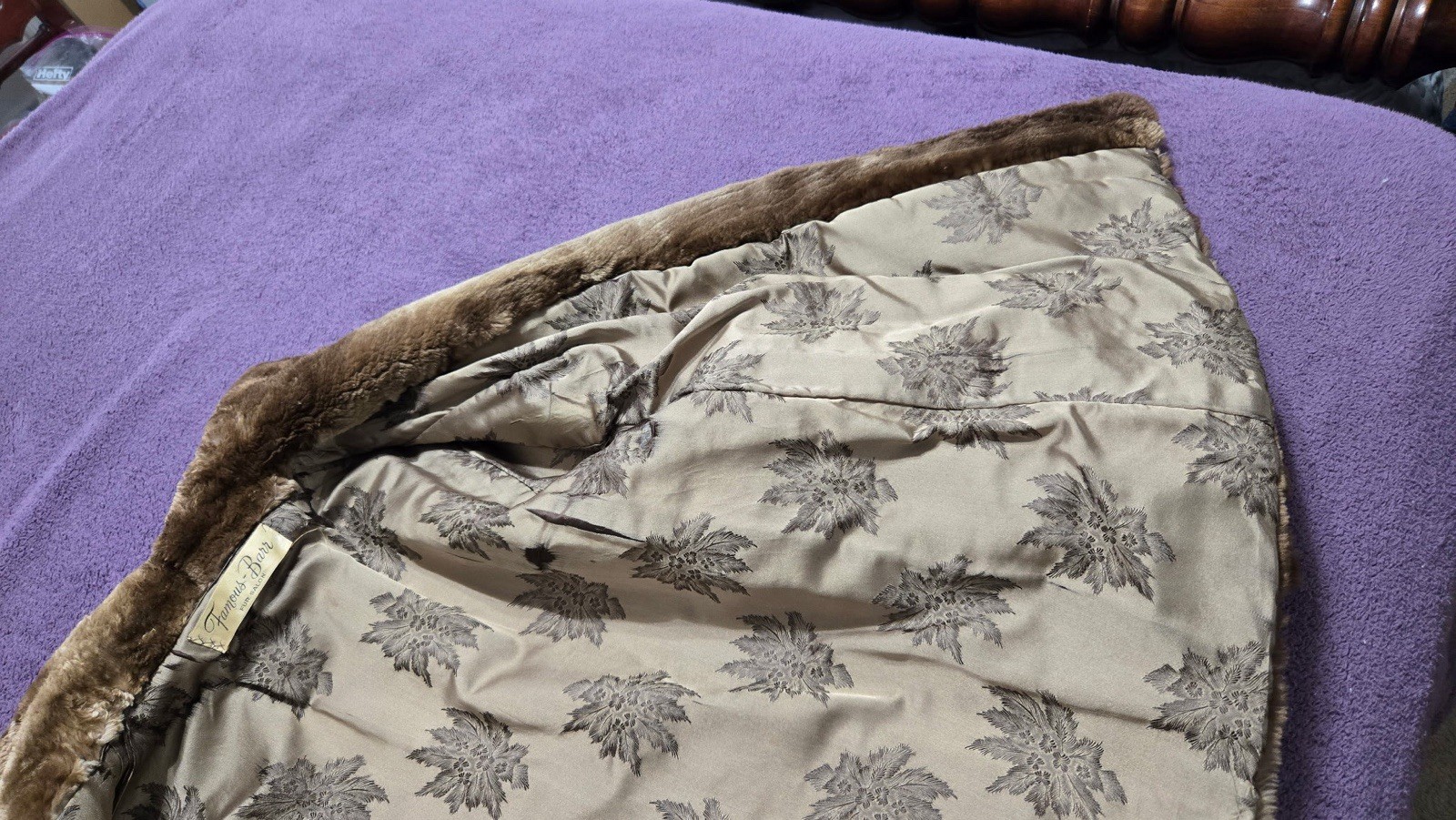 Famous-Barr Brown Vintage Beaver Fur Coat with Patterned Lining, Women’s Regular