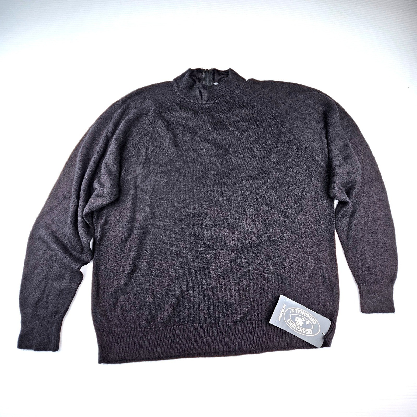 Vintage Designers Originals Black Mock Neck Sweater Luxelon Zip Back Large NWT