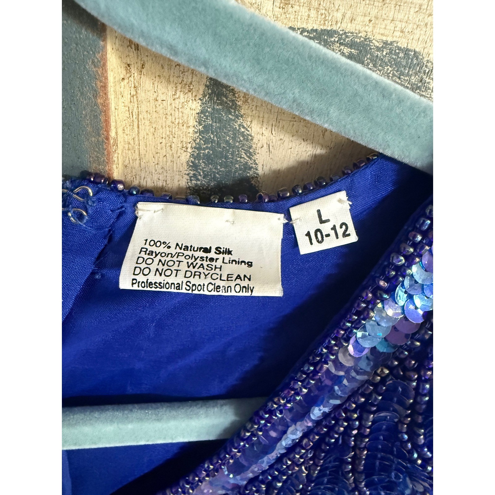 Sweelo Vintage Silk Beaded Sequin Dress Royal Blue Floral Cocktail L 10-12 Glam