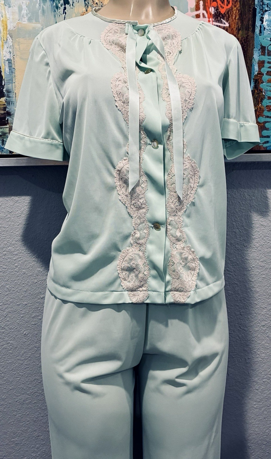 Vtg Mint Nylon Lace Top Lounge Pants Pajamas 34 S