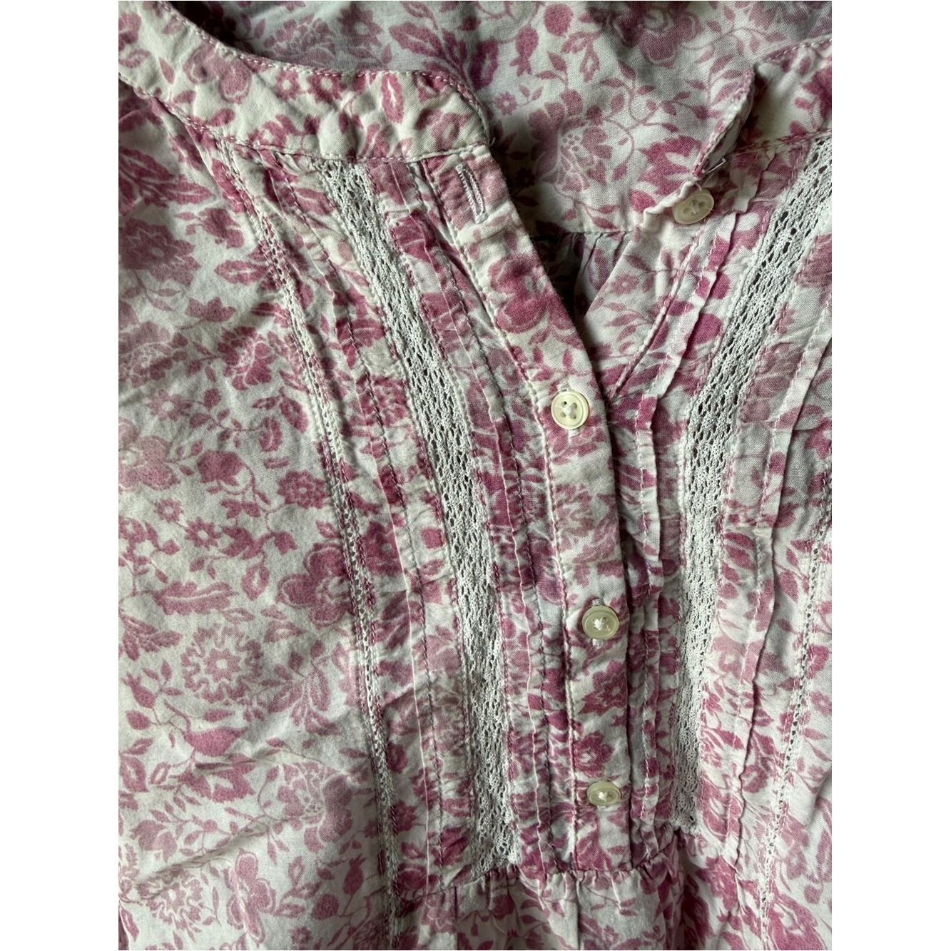Pink Floral Lace Trim Peasant Blouse Cottagecore Boho Smocked Hem Women’s Large