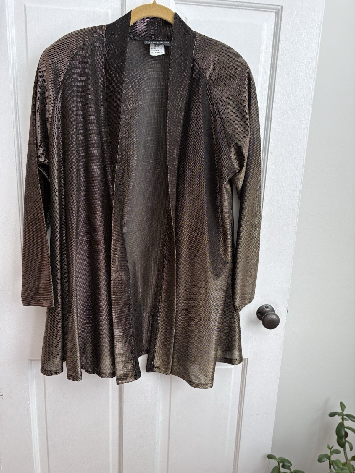 Pierre Cardin Vintage Metallic Gold Lurex Open Front Cardigan Duster Womens M