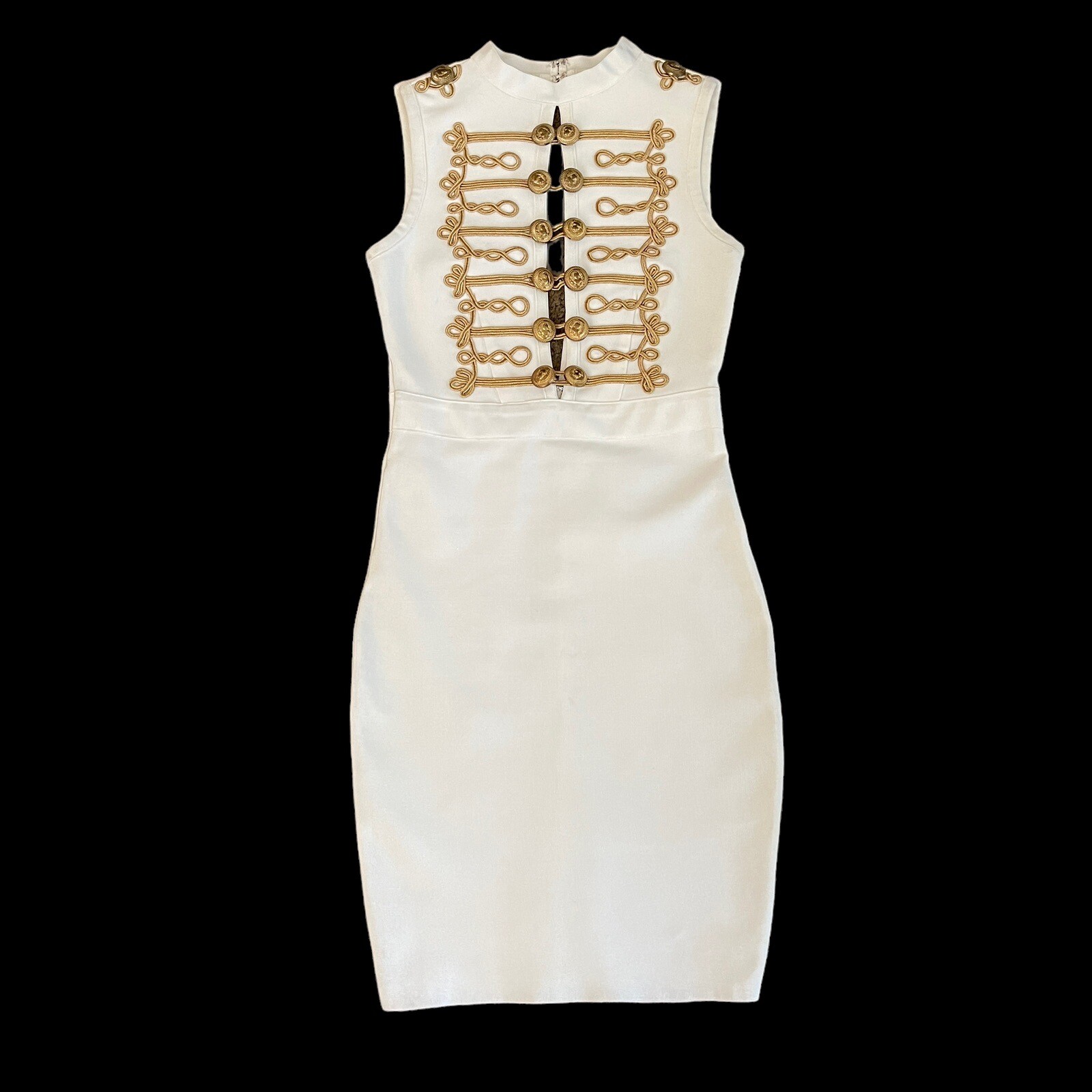 Vintage Y2K Steampunk Military Style Sheath Dress XS White Gold Buttons S 90s