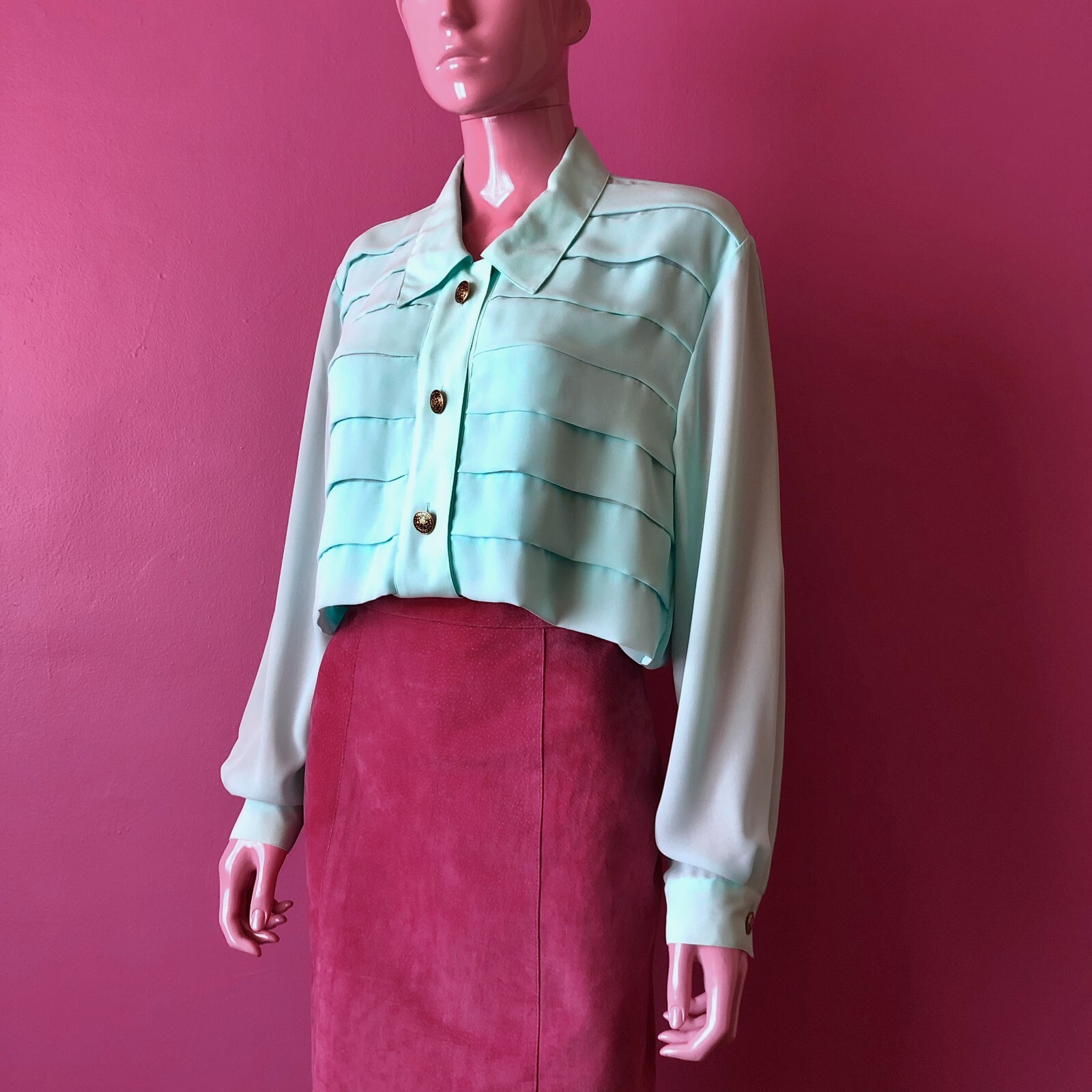 Vintage 80s M/L Chiffon Blouse Aqua Pastel Bill Blass Pleat Gold Button Down Top