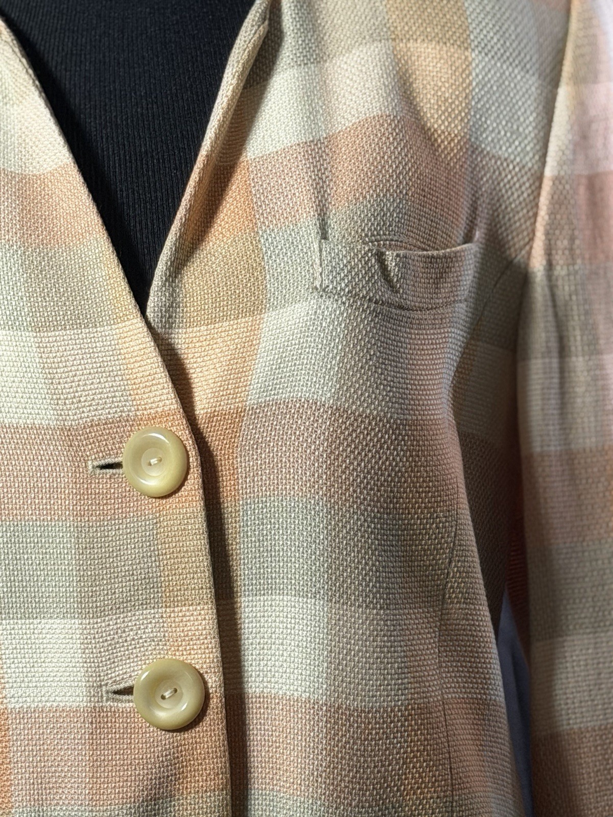 Vintage Sterling Cooper Petite 10 Plaid Blazer Peach Cream Shoulder Pads