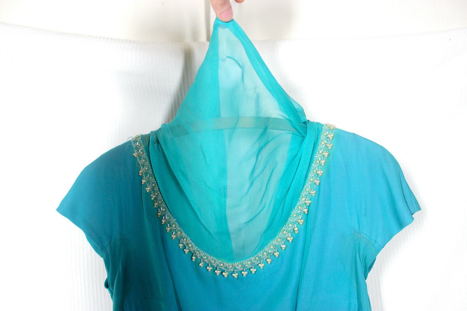 Vtg 50s Ocean Blue Silk Crepe Dress L Cameo Cowl Neck Pearl Beading Pinup Rare