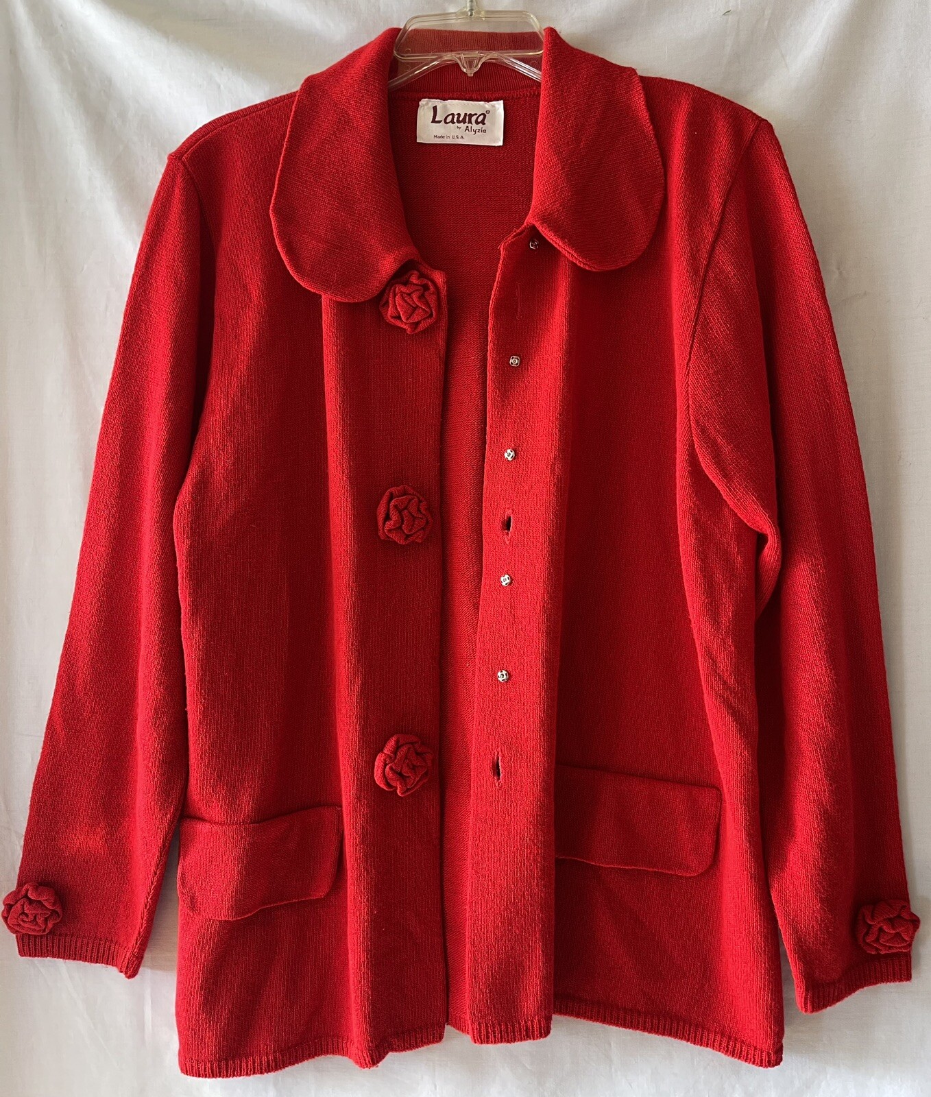 VINTAGE LAURA by ALYZIA, Women’s L Red Cardigan Sweater Knit Flower Accents