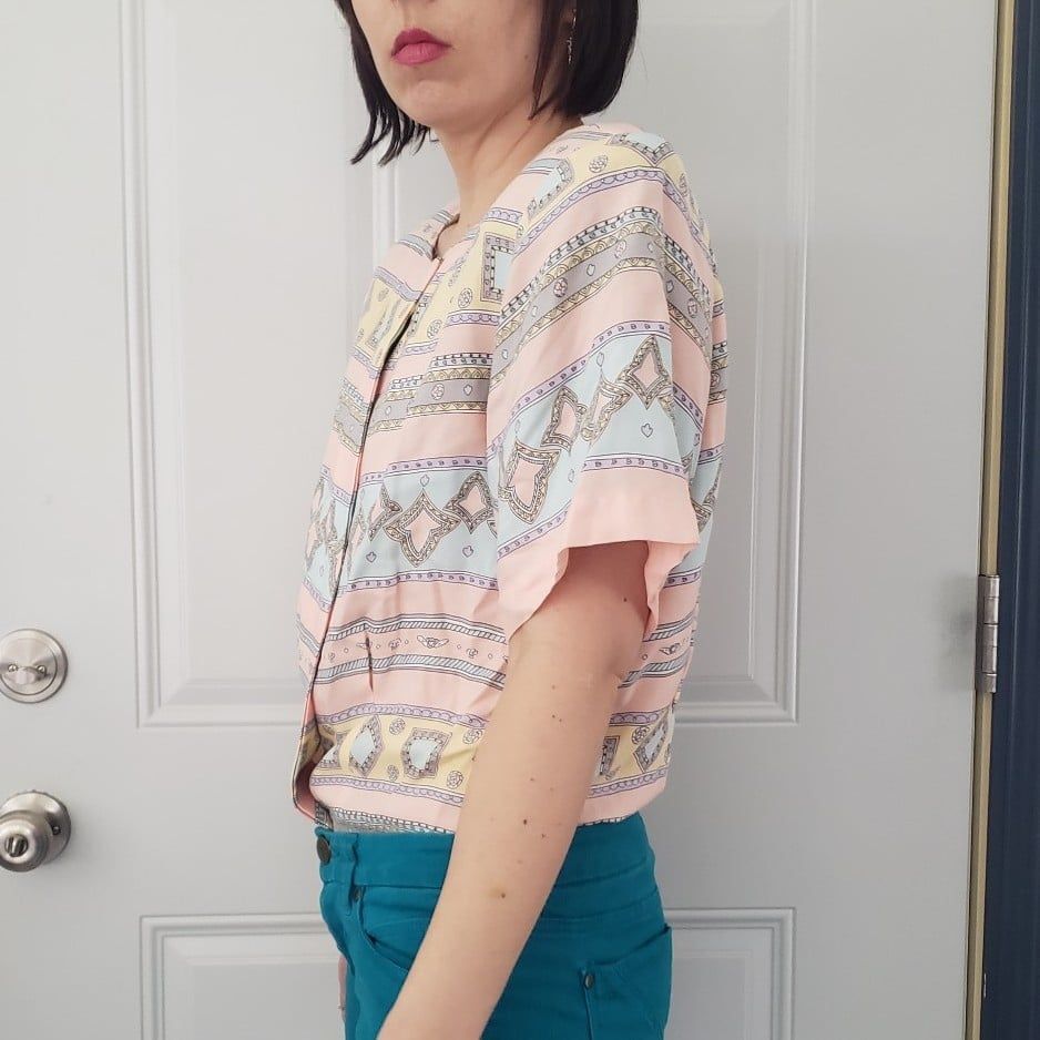 80s Pink, Blue and Yellow Rayon Button Down Blouse