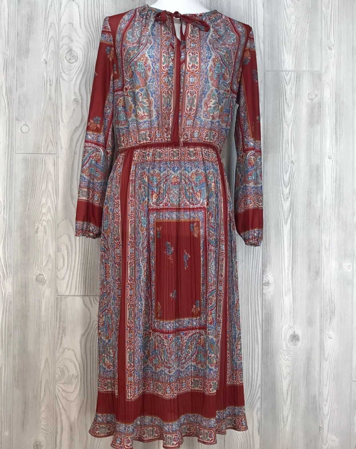VTG Womens Dress 70’s handkerchief pleated semi sheer tie hippy floral