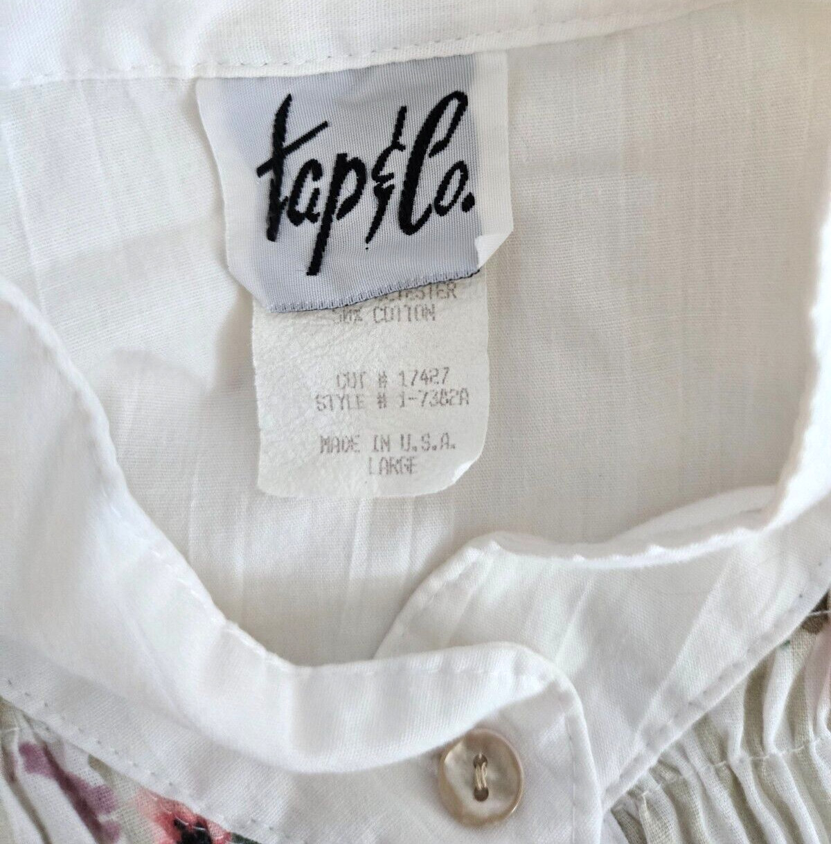 Vtg 80s Tap & Co Boho Hippie Button Blouse Stand Up Collar Floral Yoke L