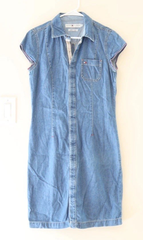 Vintage Tommy Hilfiger 6 Button Denim Midi Dress Blue Y2K Retro Preppy Grunge
