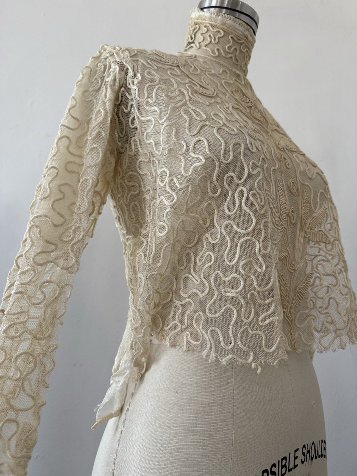 Antique Sheer Net Lace Blouse Top Cord Soutache Embroidery Art Nouveau Bridal XS