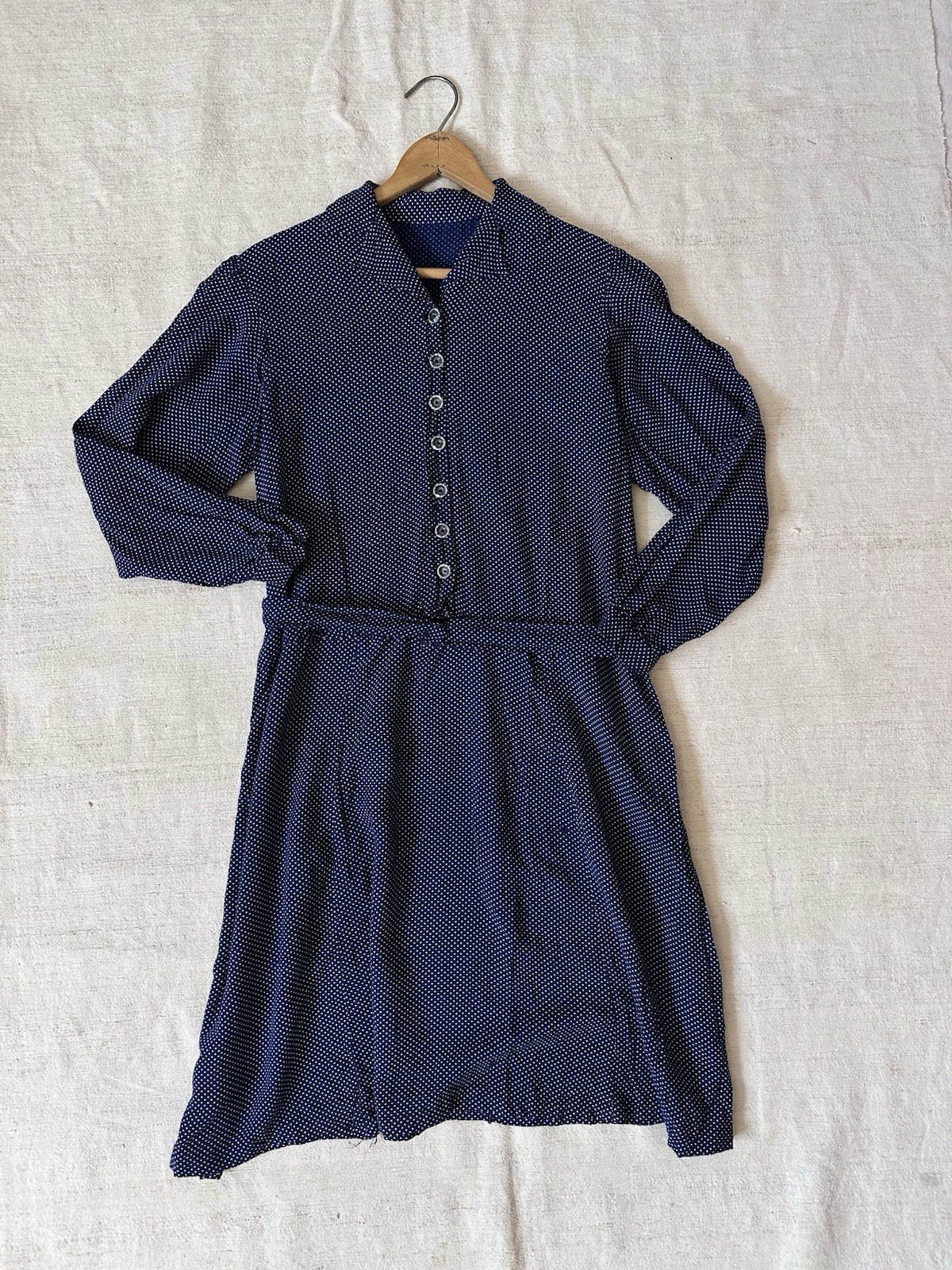 1930s Handmade French Antique Blue Bias Cut Rayon Art Deco Dress XS S Resale
