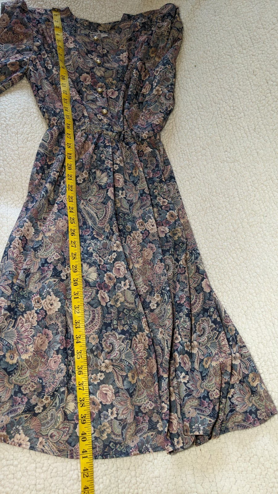 CALIFORNIA LOOKS Vintage Floral MAUVE Navy Puff Sleeve Dress MODEST 6 Petite
