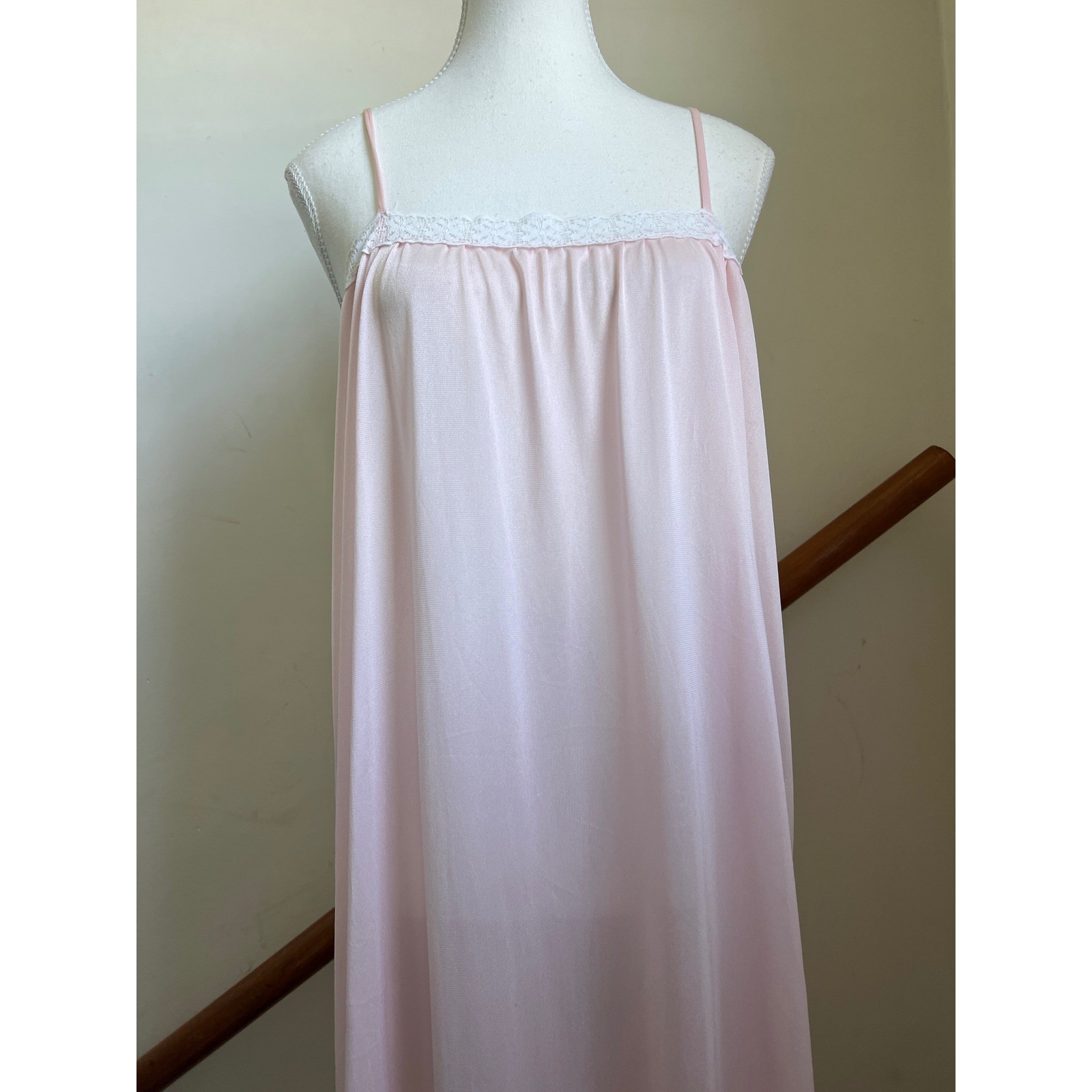 Vintage Nightgown Baby Pink Lace Trim Nylon Maxi Slip Dress 80s Romance Softgirl