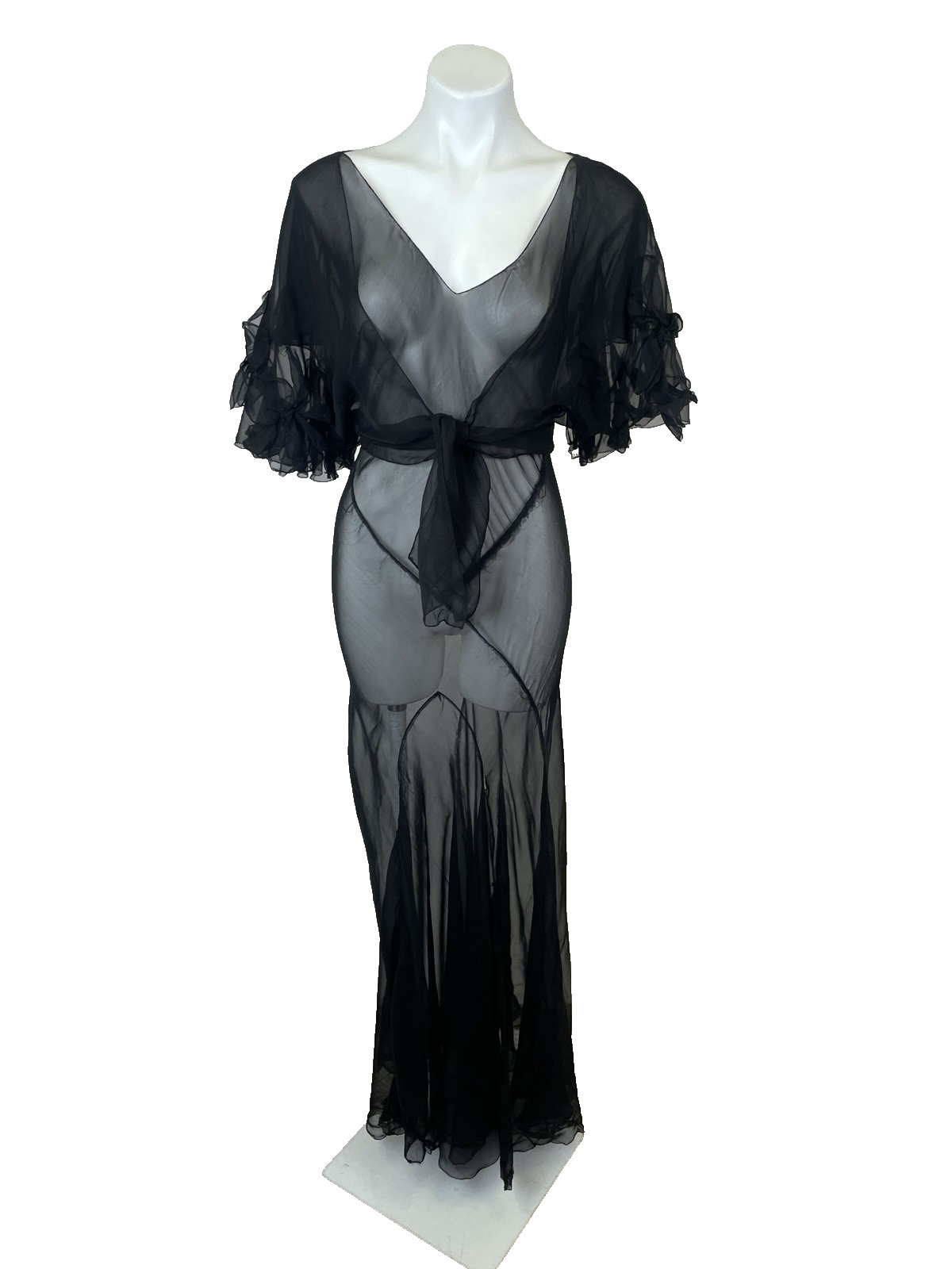 Vintage 1920s 1930s Bias Black Silk Chiffon Full Length Gown Dress and Jacket
