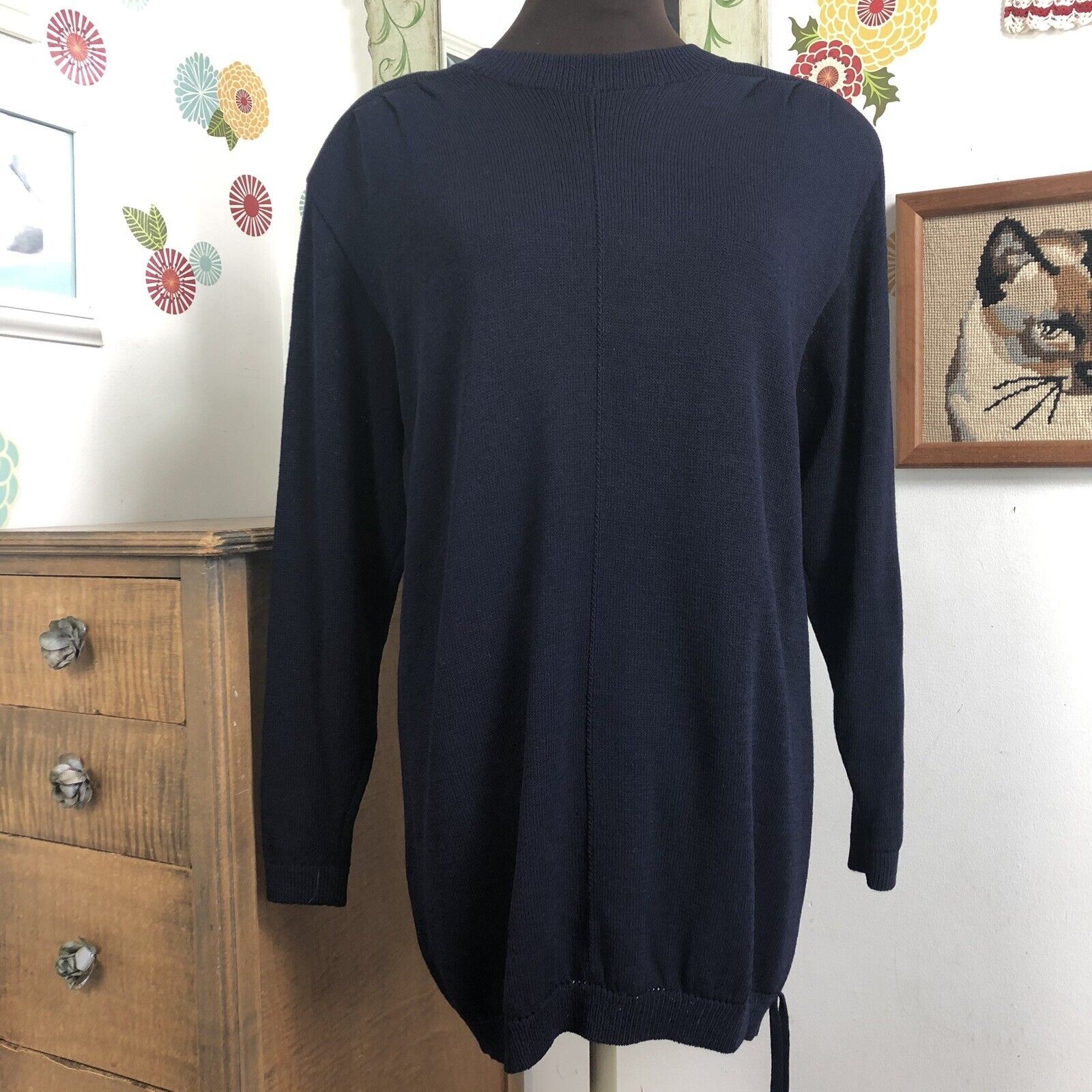 Vintage St. John Santana Knit Tunic Top, 1980s Navy Blue Sweater, Sz S