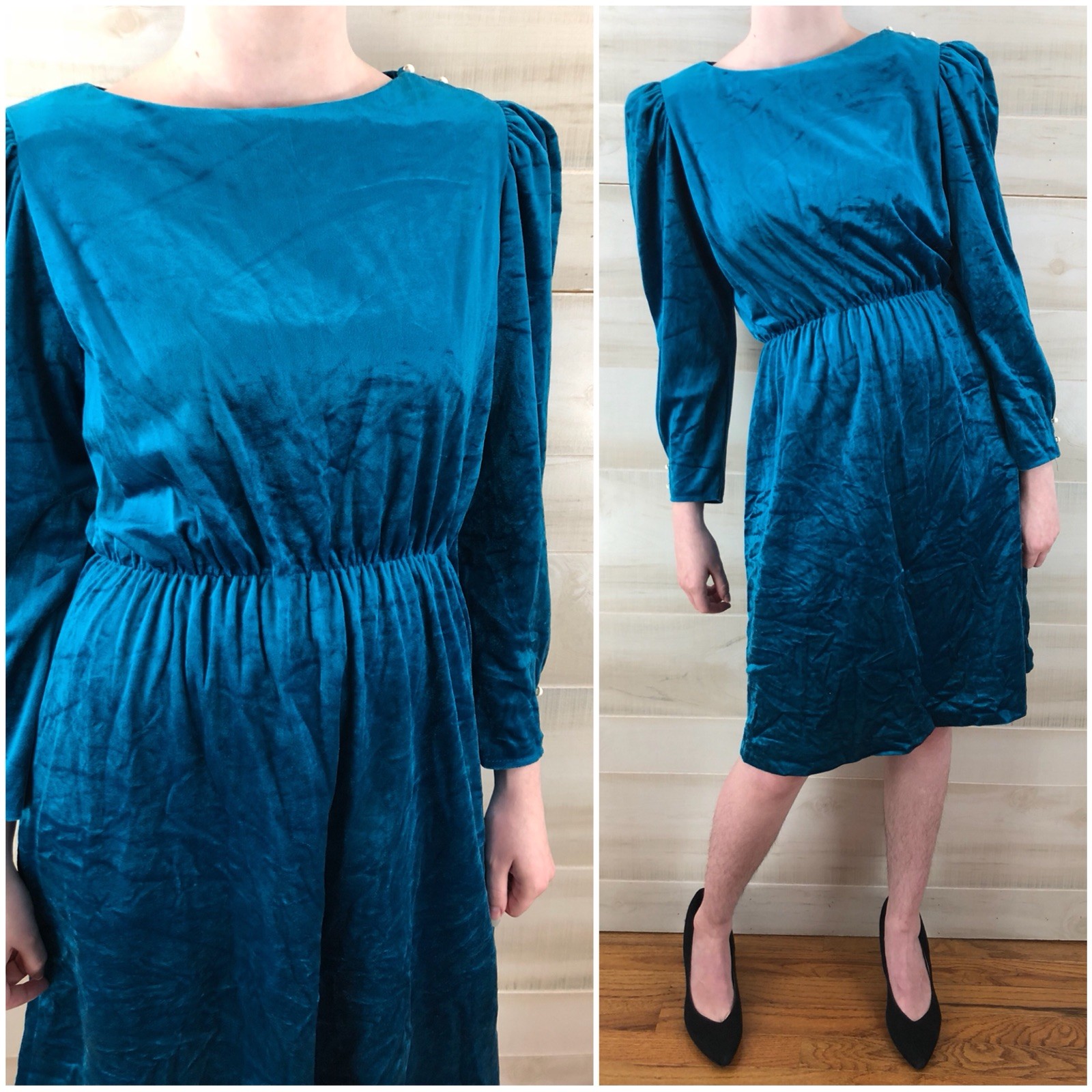 Vintage 70s Dark Turquoise Crushed Velvet Long Sleeve Casual Party Dress S M