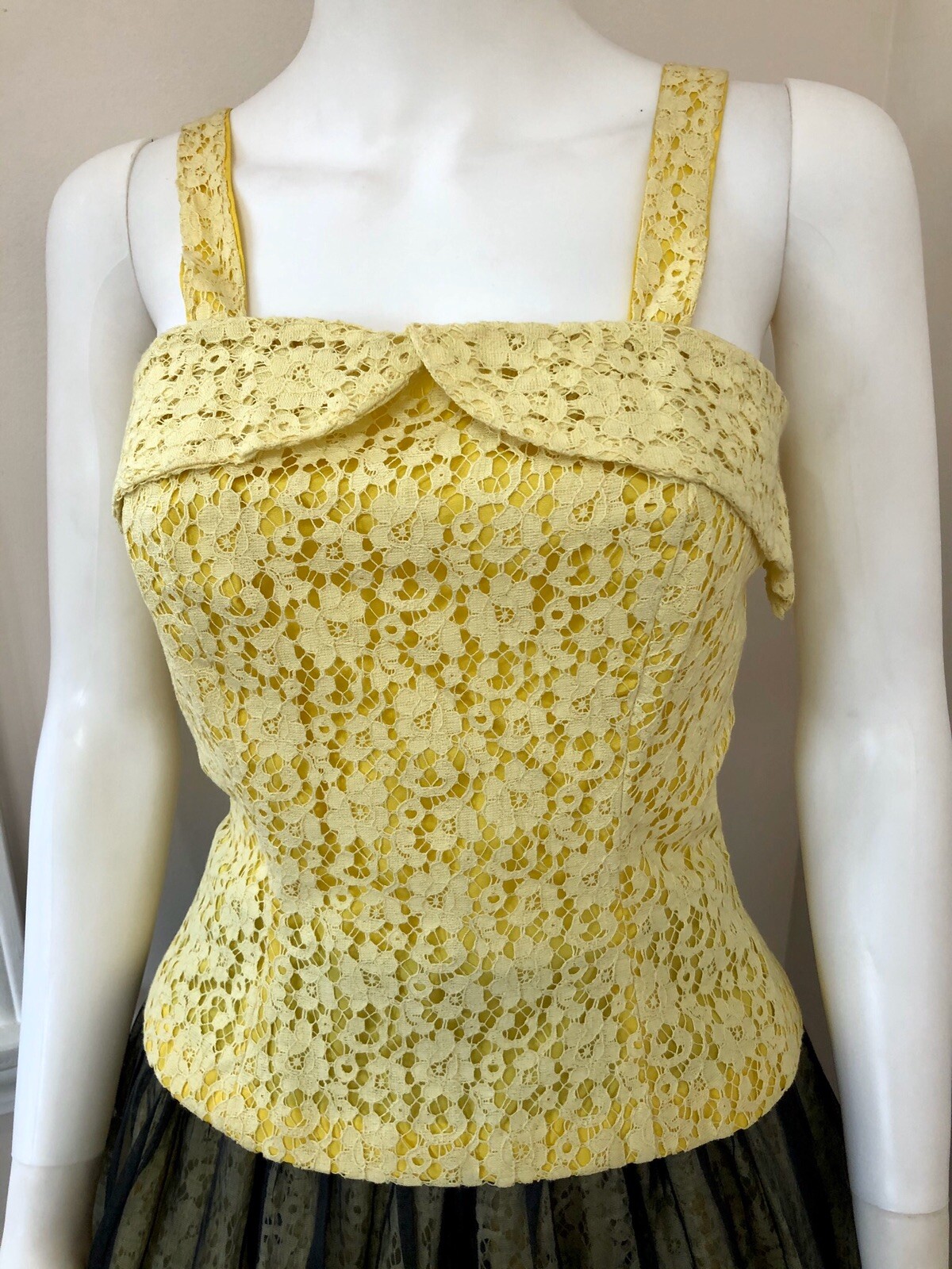 SCARCE VTG 1950s Designer GRETA PLATTRY Yellow Lace & Organdy PATIO SUNDRESS SET