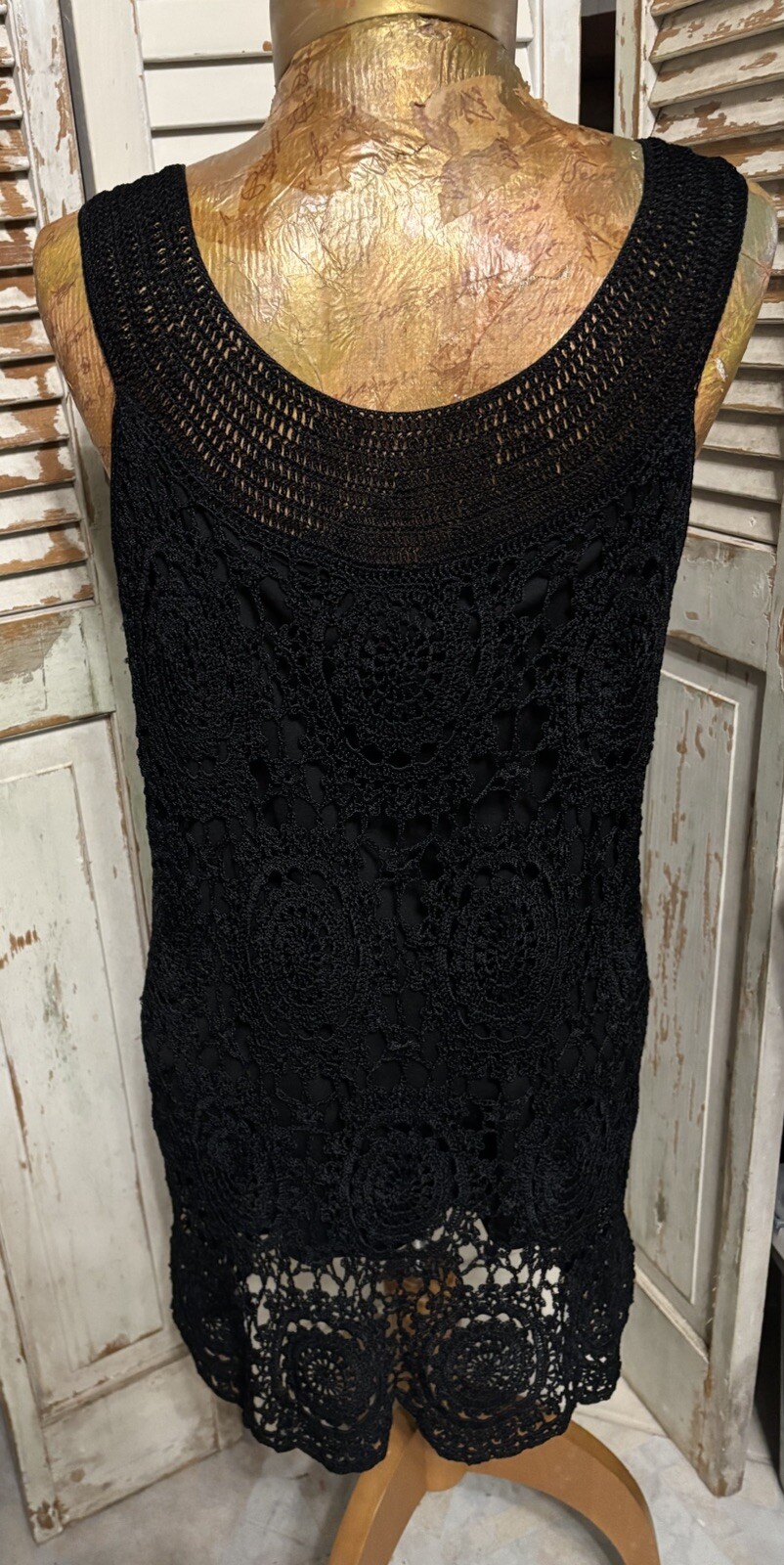 VTG Kroshetta by Papillon Black Floral Crochet Lined Tunic Top L Cruise Wear
